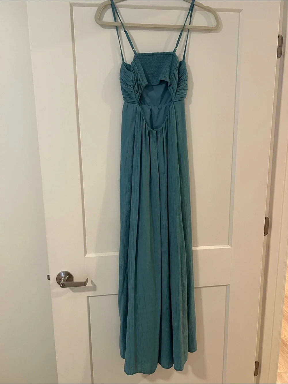 Teal Maxi Dress with Ruched Bodice and Spaghetti Straps